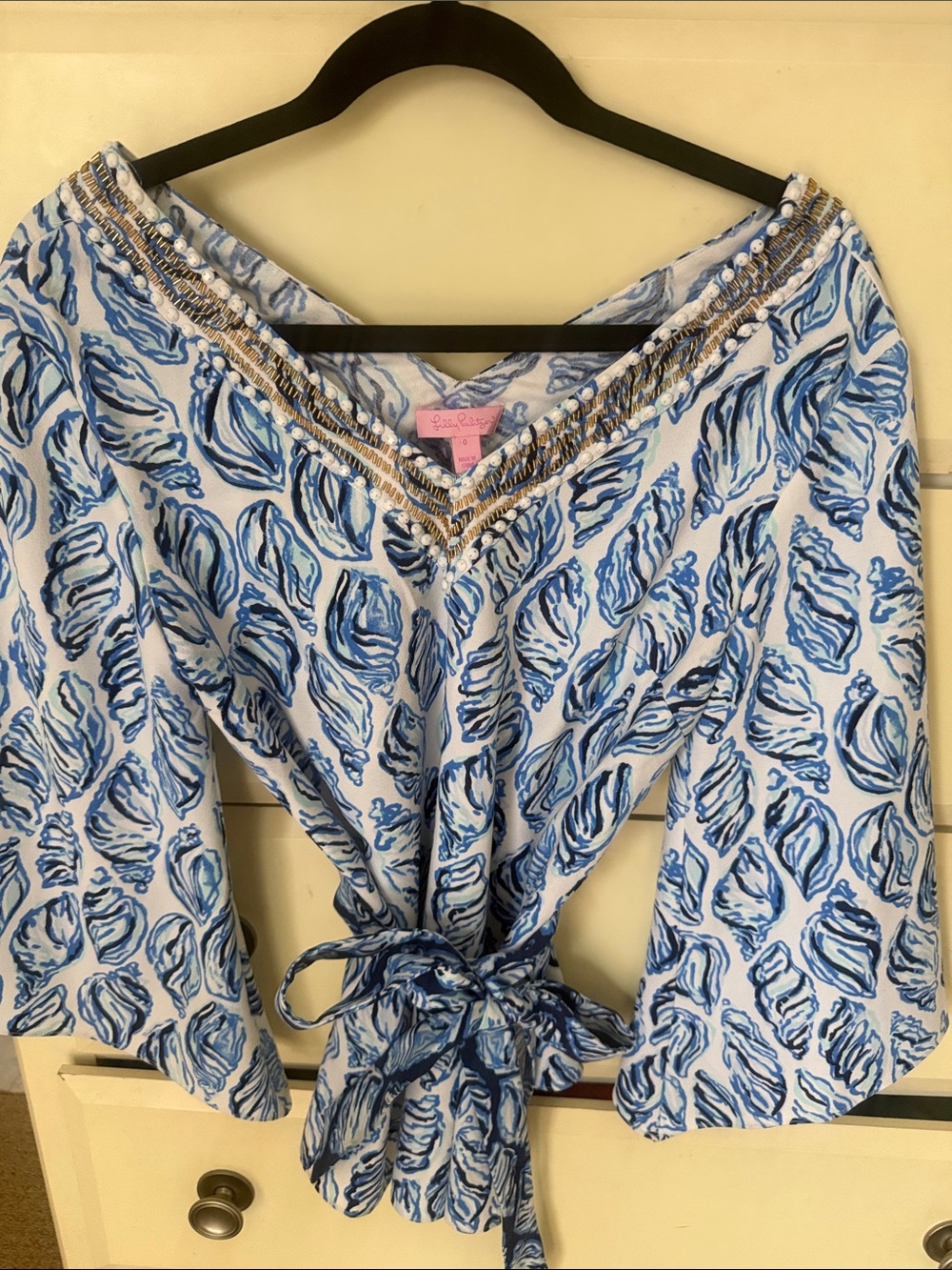 Lilly Pulitzer Blue & White V-Neck Tie-Front Tunic with Beaded Trim